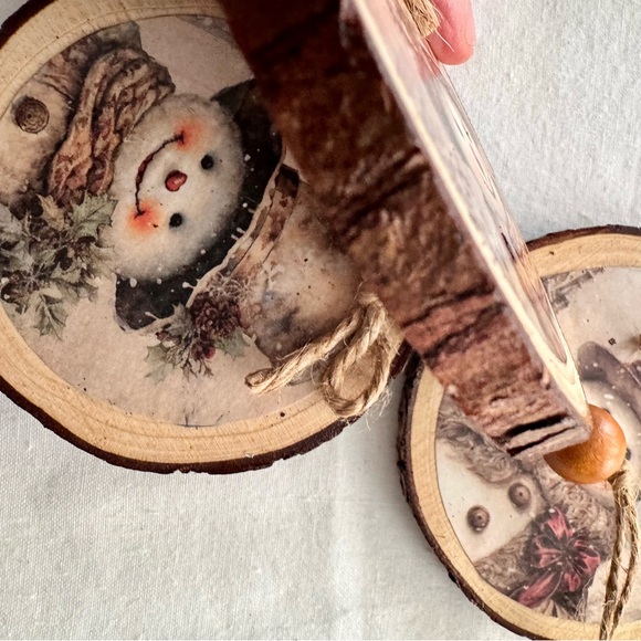 Hand Crafted Snowman set of four wood slab ornaments 3.5” each - Picture 8 of 8